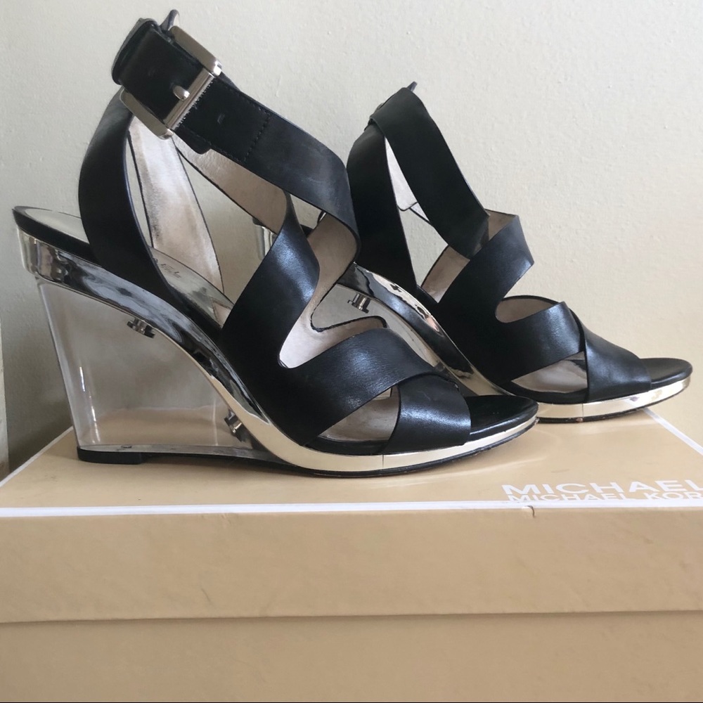 Michael Kors Black Leather Strappy Wedge Sandals with Clear Wedge